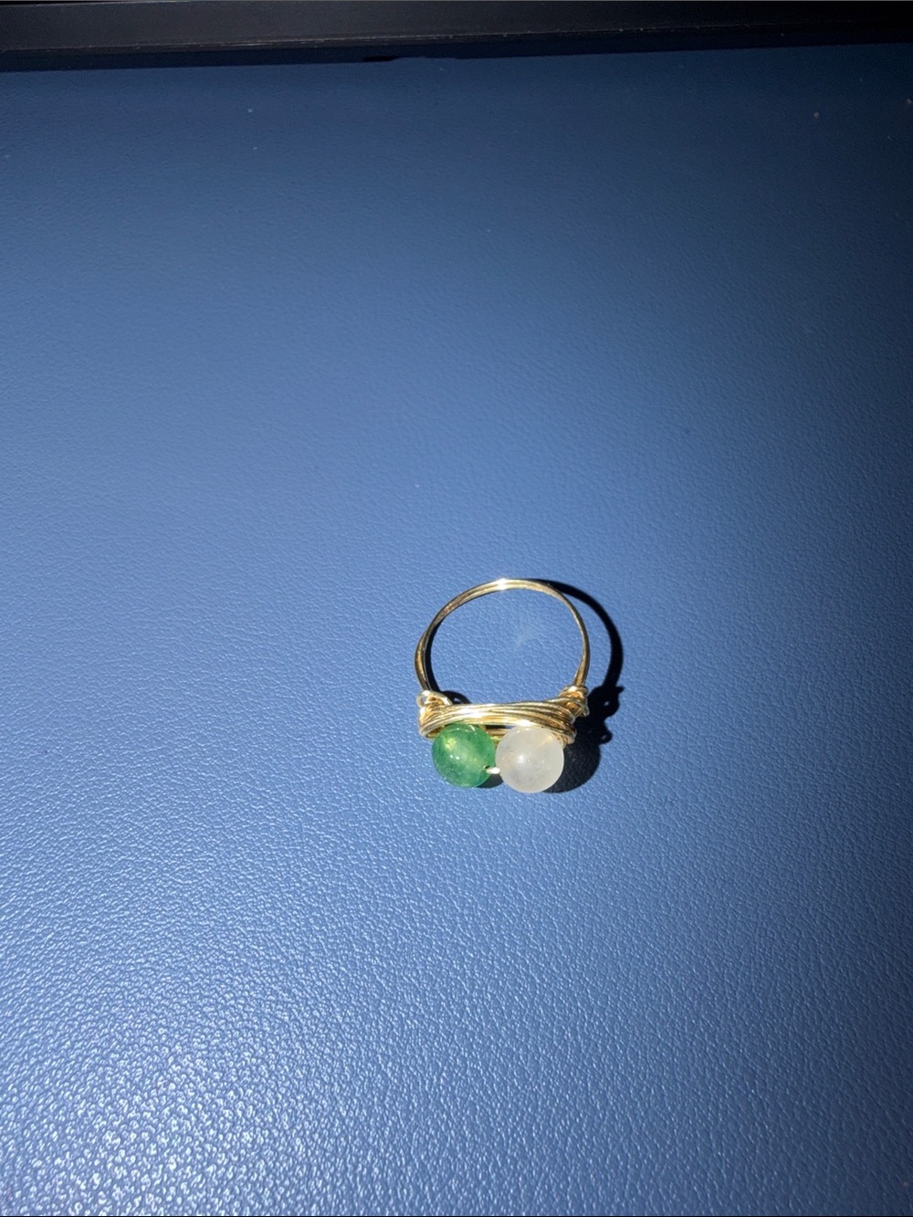 Gold Wire Ring with Green and White Beads - Women Jewelry